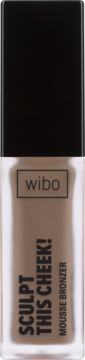 Wibo Sculpt Mousse Bronzer w przezroczystej butelce z czarną nakrętką, pionowo, widoczne etykiety i nazwa.