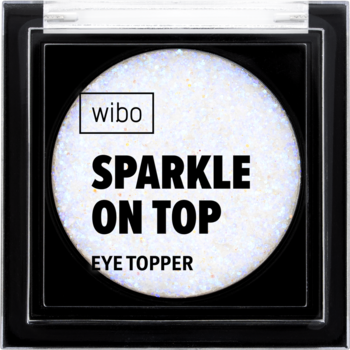 Biały brokatowy topper do powiek Wibo Sparkle On Top w czarnym kwadratowym opakowaniu, widok z góry.