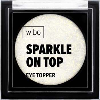 Brokatowy cień do powiek Wibo Sparkle On Top w czarnym, kwadratowym kompakcie, jasnobeżowy z intensywnym brokatem, widok z góry.