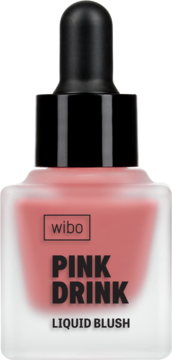 Wibo Pink Drink Liquid Blush w matowej szklanej butelce z czarną pipetą, widok z przodu, różowy płyn.