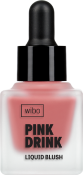 Wibo Pink Drink Liquid Blush w matowej szklanej butelce z czarną pipetą, widok z przodu, różowy płyn.