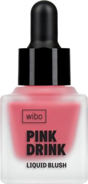 Wibo Pink Drink Liquid Blush w matowej, kwadratowej butelce z różowym płynem i czarną pipetką, widok z przodu.
