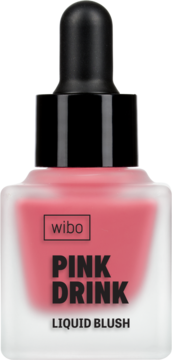 Wibo Pink Drink Liquid Blush w matowej, kwadratowej butelce z różowym płynem i czarną pipetką, widok z przodu.
