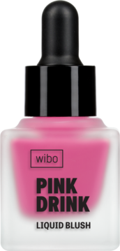 Wibo Pink Drink Liquid Blush w matowej, szklanej butelce z czarną pipetą, różowy płyn, widok frontalny.