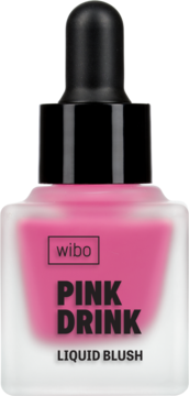Wibo Pink Drink Liquid Blush w matowej, szklanej butelce z czarną pipetą, różowy płyn, widok frontalny.