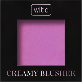 Wibo Creamy Blusher: czarne opakowanie z liliowym wkładem różu w kremie. Widoczne logo Wibo i nazwa.