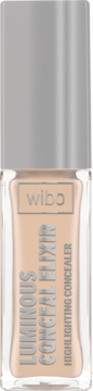 Wibo Luminous Conceal Elixir, beżowy korektor rozświetlający w smukłej butelce z srebrną zakrętką, widok z przodu.