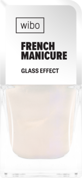 Wibo French Manicure Glass Effect lakier, mlecznobiały, w przezroczystej butelce, widok z przodu.