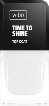 Wibo Time To Shine Top Coat, bezbarwny lakier z brokatem w szklanej butelce, widok z przodu.
