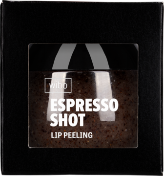 Wibo Espresso Shot peeling do ust w słoiczku z kawowym granulatem, widoczny przez okienko czarnego opakowania.