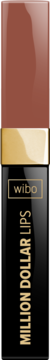 Wibo Million Dollar Lips nr 11 matowa pomadka w płynie. Brązowa nakrętka, czarna butelka ze złotymi napisami.