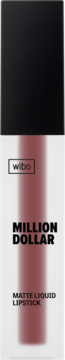 Matowa pomadka Wibo Million Dollar, płynna, o odcieniu brudnego różu, w przezroczystej tubce, widok z przodu.