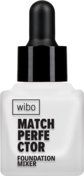Rozjaśniacz do podkładu Wibo Match Perfector Foundation Mixer, biała szklana butelka z pipetą, widok z przodu.