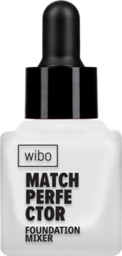 Rozjaśniacz do podkładu Wibo Match Perfector Foundation Mixer, biała szklana butelka z pipetą, widok z przodu.