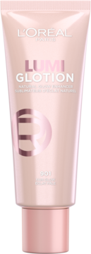 L'Oréal Lumi Glotion 901 Fair Glow, jasnoróżowy rozświetlacz w tubce, naturalny blask, ujęcie z przodu.