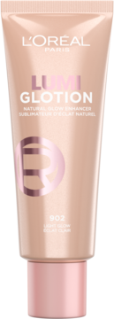 L'Oréal Lumi Glotion 902 Light Glow, beżowa tubka płynnego rozświetlacza z różową nakrętką, widok przód.