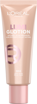 L'Oréal Lumi Glotion 902 Light Glow, beżowa tubka płynnego rozświetlacza z różową nakrętką, widok przód.