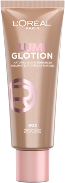 L'Oréal Lumi Glotion, 903 Medium Glow, w beżowej tubce z różową nakrętką, widok z przodu.