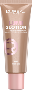 L'Oréal Lumi Glotion, 903 Medium Glow, w beżowej tubce z różową nakrętką, widok z przodu.