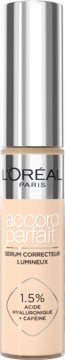 L'Oréal Paris Accord Parfait Serum Correcteur Lumineux, beżowa butelka z kwasem hialuronowym i kofeiną. Widok z przodu.