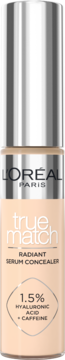 L'Oréal True Match Radiant Serum Concealer, rozświetlający, beżowa butelka, z 1.5% kwasem hialuronowym.