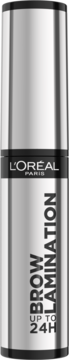 L'Oréal Infaillible 24H Brow Lamination gel w srebrnej, cylindrycznej tubce z czarnym napisem, widok z przodu.