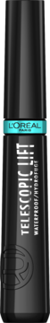 L'Oréal Paris Telescopic Lift wodoodporny tusz do rzęs w czarnej tubie z turkusowym paskiem, widok z przodu.