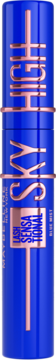 Niebieska maskara Maybelline Lash Sensational Sky High Blue Mist, pionowy widok z przodu, złote napisy.
