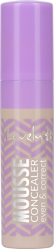 Korektor Lovely Mousse Concealer w beżowej tubce z lawendową nakrętką i wzorem, widok z przodu.