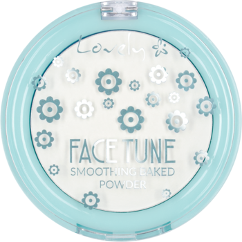Błękitny puder Lovely Face Tune Smoothing Baked Powder z białym wkładem i drobnymi, kwiatowymi wzorami.
