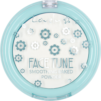 Błękitny puder Lovely Face Tune Smoothing Baked Powder z białym wkładem i drobnymi, kwiatowymi wzorami.