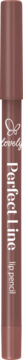 Brązowa kredka do ust Lovely Perfect Line, pionowy widok, lekko rozmyte logo i nazwa produktu.