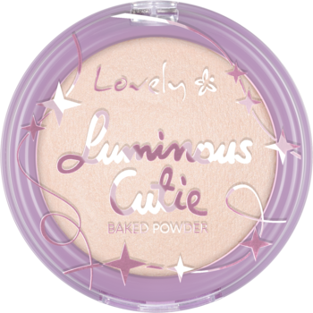 Okrągły lawendowy puder rozświetlający Lovely Luminous Cutie, kompakt z napisem i gwiazdkami, widok z góry.