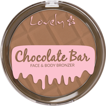Lovely Chocolate Bar bronzer, matujący, czekoladowy, okrągły puder z różową etykietą, widok z góry.