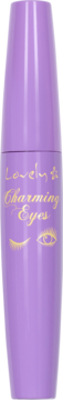 Fioletowy tusz do rzęs Lovely Charming Eyes, pogrubiający, ze złotym napisem i grafikami oka.