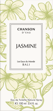 Chanson D'eau Jasmine Bali woda toaletowa 100ml, białe opakowanie z zielonymi kwiatami, widok z przodu.