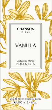 Chanson D'eau Vanilla woda toaletowa w białym pudełku z żółtymi kwiatami i strąkami wanilii, widok z przodu.