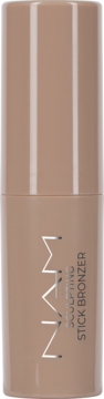Bronzer w sztyfcie NAM Sculpting Stick Warm Coffee, beżowy/brązowy, z pionowym srebrnym napisem, widok z przodu.