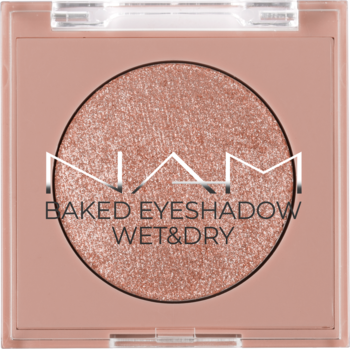 NAM Baked Eyeshadow Moonlight, brokatowy cień Wet & Dry w beżowej kasetce z przezroczystym wieczkiem.