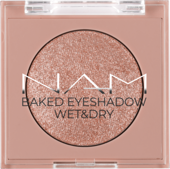 NAM Baked Eyeshadow Moonlight, brokatowy cień Wet & Dry w beżowej kasetce z przezroczystym wieczkiem.