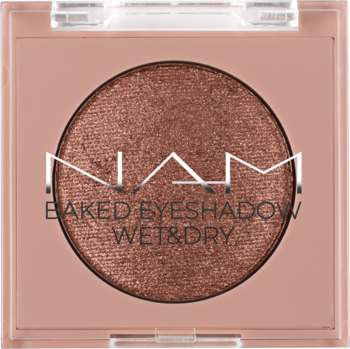 NAM Baked Eyeshadow Wet & Dry nr 3 Gold Rush. Miedziano-brązowy, brokatowy cień do powiek w przezroczystym etui.