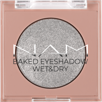 Srebrny, brokatowy cień NAM Baked Eyeshadow Wet&Dry w pudrowym kompakcie, ujęcie z góry.