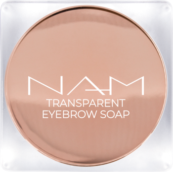 NAM Transparent Eyebrow Soap w okrągłym, rose gold opakowaniu z białym napisem, widok z góry.