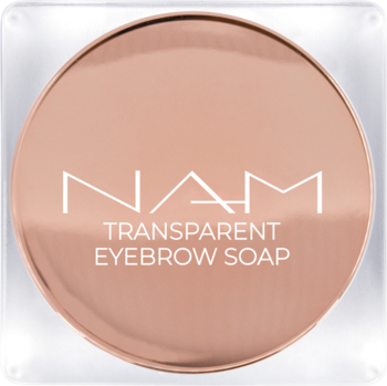 NAM Transparent Eyebrow Soap w okrągłym, rose gold opakowaniu z białym napisem, widok z góry.