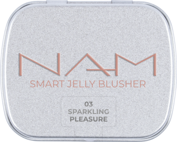 Kompaktowy róż do policzków NAM Smart Jelly Blusher 03 Sparkling Pleasure w białym opakowaniu z różowym napisem, widok z góry.