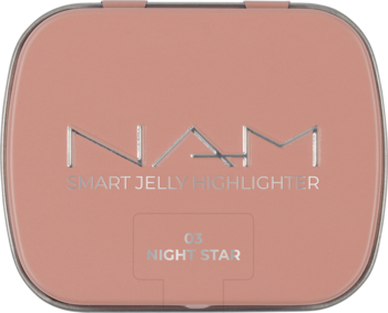 Rozświetlacz NAM Smart Jelly w zamkniętym, różowym, matowym opakowaniu, widok z góry, z napisem NIGHT STAR.