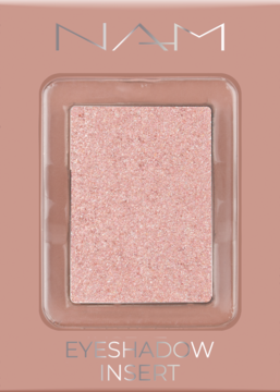 NAM Foil Eyeshadow insert w odcieniu golden rose, mocno błyszczący, w jasnoróżowym opakowaniu, widok z przodu.