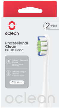 Zestaw 2 białych końcówek do szczoteczki sonicznej Oclean Professional Clean z włosiem DuPont w opakowaniu.