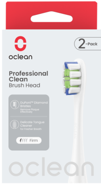 Zestaw 2 białych końcówek do szczoteczki sonicznej Oclean Professional Clean z włosiem DuPont w opakowaniu.