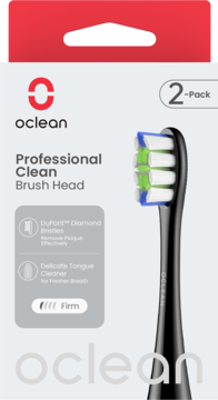 Front view of Oclean Professional Clean Brush Head 2-pack, black with firm bristles on grey packaging.